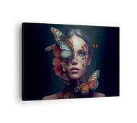 Moderne Impression sur Toile Papillons Affronter Femme Image Tableau Decoration Murale 70x50cm Deco Cadre Décoration Salon Chambre Cuisine Horizontal Tableaux Decoratifs Muraux Art Wall AA70x50-5725