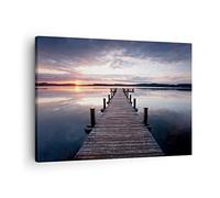 Moderne Impression sur Toile Passerelle Lac Coucher de soleil soir Image Tableau Decoration Murale 70x50cm Deco Décoration Salon Chambre Horizontal Tableaux Decoratifs Muraux Art Wall AA70x50-2635