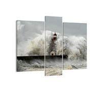 Moderne Impression sur Toile Phare océan tempête Image Tableau Decoration Murale 95x80cm Deco Cadre Décoration Salon Chambre Triptyque 3 parties Grand Tableaux Decoratifs Muraux Art Wall CB95x80-2442