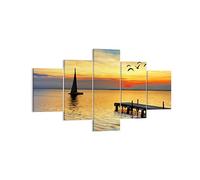 Moderne Impression sur Toile Plage paysage eau pont Image Tableau Decoration Murale 125x70cm Deco Cadre Décoration Salon Chambre Triptyque 5 parties Tableaux Decoratifs Muraux Art Wall EA125x70-2535