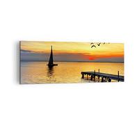 Moderne Impression sur Toile Plage paysage eau pont Image Tableau Decoration Murale 140x50cm Deco Cadre Décoration Salon Chambre Panoramique Grand Tableaux Decoratifs Muraux Art Wall AB140x50-2535