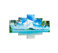 Moderne Impression sur Toile Plage vacances île palmier Image Tableau Decoration Murale 125x70cm Deco Décoration Salon Chambre Triptyque 5 parties Tableaux Decoratifs Muraux Art Wall EA125x70-2528