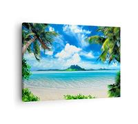 Moderne Impression sur Toile Plage vacances île palmier Image Tableau Decoration Murale 70x50cm Deco Cadre Décoration Salon Chambre Cuisine Horizontal Tableaux Decoratifs Muraux Art Wall AA70x50-2528