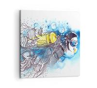 Moderne Impression sur Toile Plongeur Poissons Illustration passe-temps Image Tableau Decoration Murale 60x60cm Deco Décoration Salon Chambre Carré Tableaux Decoratifs Muraux Art Wall AC60x60-2982