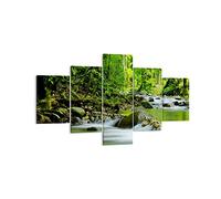 Moderne Impression sur Toile Stream Forêt Nature Image Tableau Decoration Murale 125x70cm Deco Cadre Décoration Salon Chambre Triptyque 5 parties Tableaux Decoratifs Muraux Art Wall EA125x70-0174