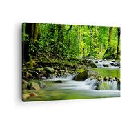 Moderne Impression sur Toile Stream Forêt Nature Image Tableau Decoration Murale 70x50cm Deco Cadre Décoration Salon Chambre Cuisine Horizontal Tableaux Decoratifs Muraux Art Wall Decor AA70x50-0174