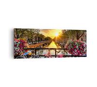 Moderne Impression sur Toile Vélos Channel amsterdam l'architecture Image Tableau Decoration Murale 140x50cm Décoration Salon Chambre Panoramique Tableaux Decoratifs Muraux Art Wall AB140x50-3081