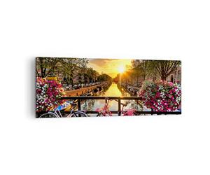 Moderne Impression sur Toile Vélos Channel amsterdam l'architecture Image Tableau Decoration Murale 140x50cm Décoration Salon Chambre Panoramique Tableaux Decoratifs Muraux Art Wall AB140x50-3081