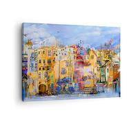 Moderne Impression sur Toile vieille ville immeuble Image Tableau Decoration Murale 70x50cm Deco Cadre Décoration Salon Chambre Cuisine Horizontal Tableaux Decoratifs Muraux Art Wall AA70x50-3419