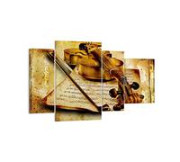 Moderne Impression sur Toile Violon instrument notes Image Tableau Decoration Murale 120x70cm Deco Cadre Décoration Salon Chambre Triptyque 4 parties Tableaux Decoratifs Muraux Art Wall DL120x70-0524