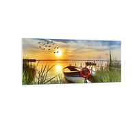 Moderne Impression sur Verre 100x40cm Image Tableau en Verre Decoration Murale Bateau Lac Coucher de soleil l'été les gens Grand Tableaux Decoratifs Chambre Panoramique Deco Salon Art GAB100x40-3053