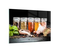 Moderne Impression sur Verre 100x70cm Image Tableau en Verre Decoration Murale Épices ail bois sel Grand Tableaux Decoratifs Muraux Chambre Cuisine Horizontal Deco Cadre Salon Art Wall GAA100x70-2896