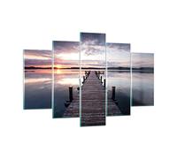 Moderne Impression sur Verre 150x100cm Image Tableau en Verre Decoration Murale Passerelle Lac Coucher de soleil soir Grand XXL Tableaux Decoratifs Triptyque 5 parties Deco Salon Art GEA150x100-2635
