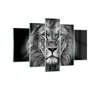 Moderne Impression sur Verre 150x100cm Image Tableau en Verre Decoration Murale Portrait Lion Noir Et Blanc Grand XXL Tableaux Decoratifs Chambre Triptyque 5 parties Deco Salon Art GEA150x100-4494