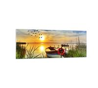 Moderne Impression sur Verre Bateau Lac Coucher de soleil l'été les gens Image Tableau en Verre Decoration Murale 140x50cm Deco Salon Panoramique Grand XXL Tableaux Decoratifs Art GAB140x50-3053