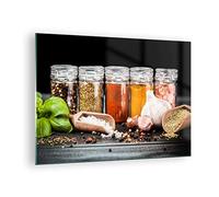 Moderne Impression sur Verre Épices ail bois sel Image Tableau en Verre Decoration Murale 70x50cm Deco Cadre Salon Chambre Cuisine Horizontal Petit Tableaux Decoratifs Muraux Art Wall GAA70x50-2896