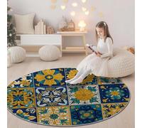 Moderne Jaune Bleu Imprimé Tapis Rond, Géométrique Traditionnel Floral Lavable en Machine Tapis à Poils Courts pour Salon Chambre Cuisine Bureau Décoration - 180 cm Antidérapant Intérieur Moquette