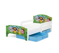 Leomark Moderne Smart Lit d'Enfant Toddler 140x70 Motif: Animaux Dans La Jungle Confortable Fonctionnel Lit Simple Avec Un Tiroir Lit Pour Enfant Avec Rangement et Matelas (140x70 cm) Grand Tiroir En Textile 2 Pièces