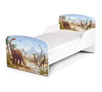 Leomark Moderne Lit d'enfant Toddler avec Matelas Couleur Blanc Motif: Dinosaures Chambre pour Les Enfants Meubles pour Enfants Confortable Fonctionnel Lit Simple Zone de Couchage 70/140 cm