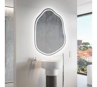 Moderne Miroir mural irrégulier décoratif avec rétro-éclairage LED 54 x 74 cm | Couleur LED : Blanc froid 7000K | Interrupteur de rétro-éclairage à capteur | ZIE223