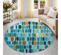 Moderne Rectangles Blocs de Couleur Puzzle Tapis Rond 100 cm, Abstrait Géométrique Lavable en Machine Antidérapant Tapis Doux Poil Ras Chambre Salle a Manger Bureau Descente de Lit
