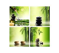 Moderne Vert Bambou Zen Bougie 4 Panneaux Affiches Imprime Des Photos Sur Toile Mur Art Peinture Pour Salon Décor 20x20cm (8x8in) x4 Sans Cadre