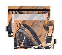 Modernist Horse and Riders Lot de 2 trousses à crayons orange pour classeur à 3 anneaux Fermeture éclair lisse avec fenêtre en PVC transparent pour fournitures scolaires