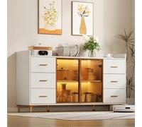 ModernLuxe Buffet Sideboard mit 6 Schubladen und Glastüren, Fernbedienbare LED-Beleuchtung, Goldene Metallgriffe, 160×44×87 cm, Weiß - Ideal für Küche, Wohnzimmer und Schlafzimmer