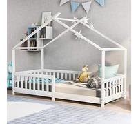 ModernLuxe Lit Cabane Enfant en Bois Massif avec Barrières et Sommier à Lattes, Protection Anti-Chute, Style Montessori, Blanc, 200x90 cm, sans Matelas - pour Chambre d’Enfant et Ado