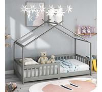 ModernLuxe Lit Cabane Enfant en Bois Massif avec Barrières et Sommier à Lattes, Protection Anti-Chute, Style Montessori, Gris, 200x90 cm, sans Matelas - pour Chambre d’Enfant et Ado