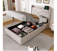 ModernLuxe Lit coffre 90x200cm - lit simple avec port USB + sommier à lattes + tissu en lin - beige