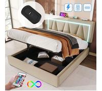 ModernLuxe Lit coffre rembourré 160x200cm avec LED et Port de charge USB et Type-C - tissu en lin - sommier à lattes - Beige