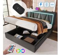 ModernLuxe Lit coffre rembourré 160x200cm avec LED et Port de charge USB et Type-C - tissu en lin - sommier à lattes - Gris