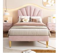 ModernLuxe Lit enfant 90x200cm, lit simple avec sommier à lattes, tête de lit en forme de coquille, tissu en velours, rose