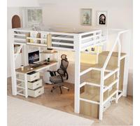 ModernLuxe Lit Mezzanine 140x200 cm métal avec Bureau,Rangement et Armoire | Lit surélevé double avec escalier de rangement, 3 tiroirs et espace bureau pour optimiser votre chambre