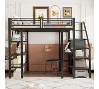ModernLuxe Lit Mezzanine Enfant 140x200 cm - Hochbett Eisenbett avec Bureau, 3 Niveaux de Rangement, Armoire Intégrée,Lit Simple Multifonction, Noir,sans Matelas