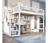 ModernLuxe Lit pour enfant Lit simple Lit superposé 90x200cm avec bureau Escalier Armoire Tiroirs Bois massif Blanc - Lit superposé multifonctionnel pour enfant sans matelas