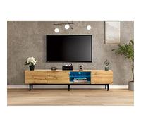ModernLuxe Meuble TV bas en grain de bois - Avec effet lumineux LED qui change en 7 couleurs - Meuble TV avec étagères en verre et trois portes pour le salon - Naturel - 175 x 31 x 41 cm