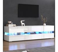 ModernLuxe Meuble TV blanc brillant avec éclairage LED, meuble TV pour votre salon, 160 x 39 x 45 cm, ouverture à pression, 2 portes, 1 tiroir, compartiment ouvert, pour téléviseur de 70"