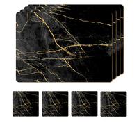 Moderry Lot de 4 Sets de Table en liège résistants à la Chaleur pour Table de Salle à Manger avec Lot de 4 Dessous de Verre Assortis Motif marbre 40,6 x 30,5 cm (Noir et doré)