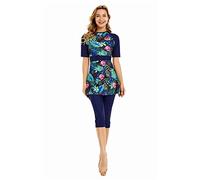 Modest Short Sleeve Swimsuits for Women 3-Piece Bathing Suits Floral Print Swimming Suits Plus Size Rash Guard(3XL, Y8)