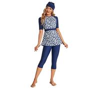Modest Short Sleeve Swimsuits for Women 3-Piece Bathing Suits Floral Print Swimming Suits Plus Size Rash Guard(4XL, Y5)