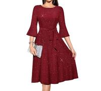 Modeste Robe de Paillettes pour église Robe à Manches Longues pour Les Femmes Cloche Robe d’invité de Mariage Midi Formelle Demoiselle d’Honneur Homecoming Glitter-Burgundy M