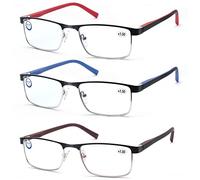 MODFANS 3 Paire de Lunettes de Lecture 2.75 Homme Anti Lumiere Bleue - Monture Rectangle en Metal Acier Inoxydable Lunettes de Vue Lunettes Loupe Bleu-Marron-Rouge