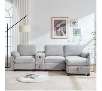 MODFU Canapé 3 places avec accoudoir central amovible, 1 tiroir et repose-pieds de rangement, velours côtelé, gris clair