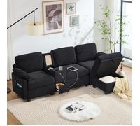 MODFU Canapé 3 places avec accoudoir central amovible, 1 tiroir et repose-pieds de rangement, velours côtelé, noir