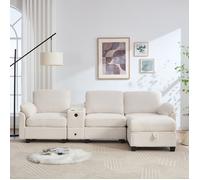 MODFU Canapé 3 places avec accoudoir central amovible, 1 tiroir et repose-pieds de rangement, velours côtelé, beige