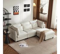 MODFU Canapé D'Angle Modulable 4 Places Mousse Haute Résilience - Tissu Lin Beige Avec Méridienne