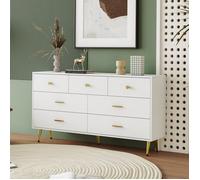 MODFU Commode blanche 7 tiroirs, buffet avec poignées dorées et pieds dorés, 140x35x76 cm, en panneau de particules, blanc