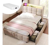 MODFU Lit avec rangement 90 x 200 cm - Design capitonné et LED - Avec matelas - Beige